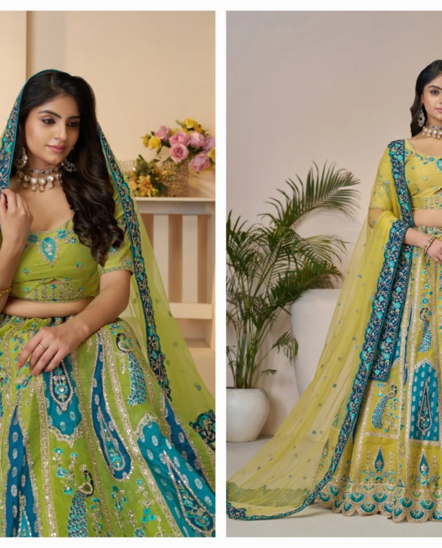 484yellow - Alluring Golden Sangeet Lehenga Choli with Bel Butti Pattern